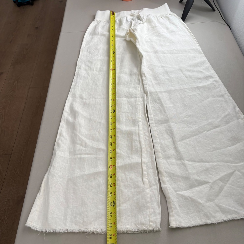 Elan White 100% Linen Wide Leg Pants Raw Fringe Hem Resort EBW-LL283 Small NWT - Picture 6 of 11